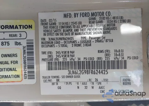 2015 Lincoln Mkz from USA, damaged, VIN 3LN6L2G98FR624425